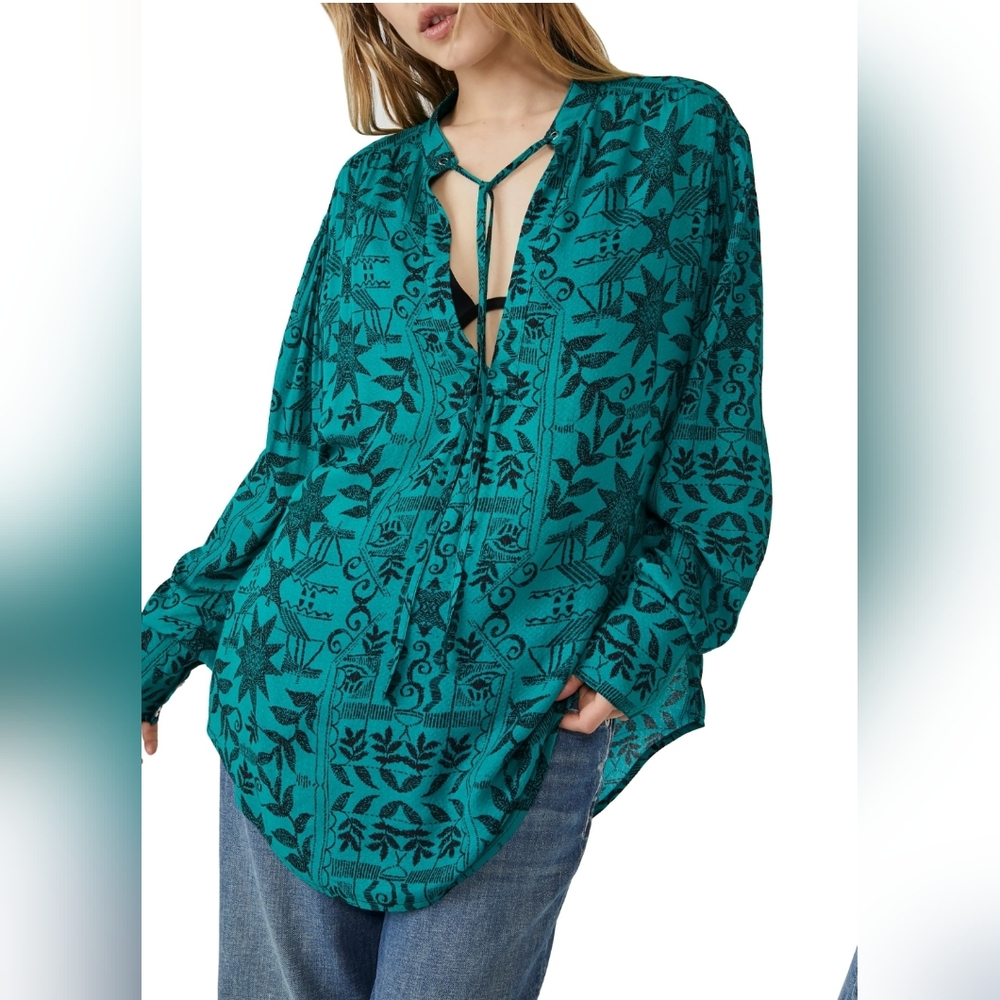 Free People Teal Floral Tunic Top - Picture 4 of 8
